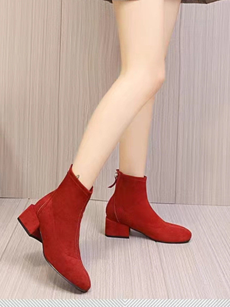BURGUNDY BRIDAL SHOES WINTER WEDDING BOOTS XIUHE WEDDING DRESS TWO WEARS WEDDING BANQUET HIGH HEELS BLOCK HEEL MIDDLE HEEL DOES NOT TIRE THE FEET