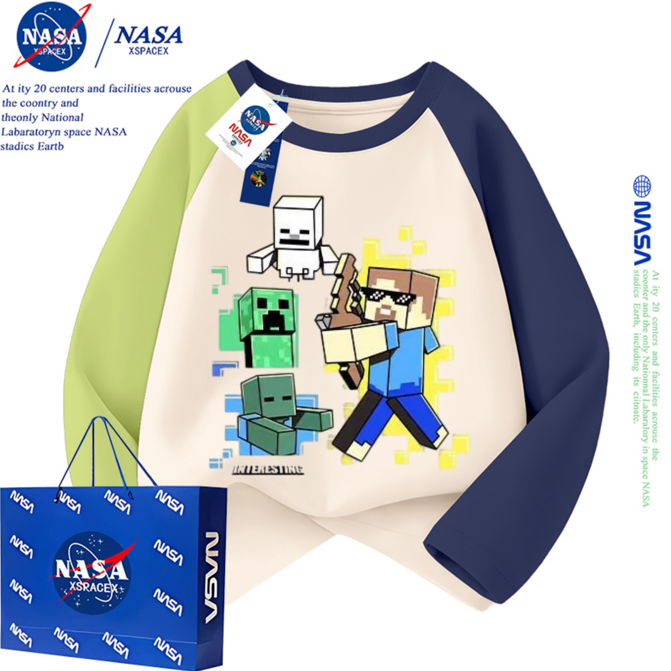 NASA联名我的世界男童插肩袖T恤春秋款儿童中大童卡通潮流纯棉t恤