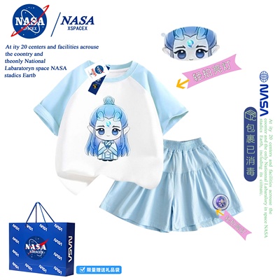NASA联名敖丙拍灯亮女童夏套装2025新款女孩哪咤儿童纯棉短袖短裤