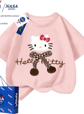NASA联名holle kitty猫立体蝴蝶结2026新款短袖T恤夏季拼色纯棉