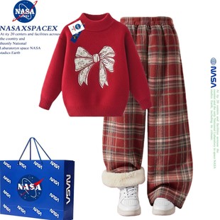 NASA联名马年红色男女童毛衣新年服马年本命年超好看炸街套装裤子