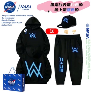 潮 strong哥套装 NASA艾伦沃克嘉豪同款 荧光衣服儿童连帽卫衣秋冬季
