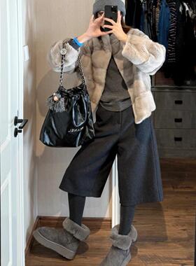 复古日系灰色毛呢七分裤女2025冬季新款加厚宽松高腰显瘦直筒裤