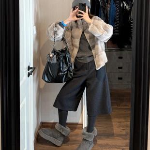 复古日系灰色毛呢七分裤女2025冬季新款加厚宽松高腰显瘦直筒裤
