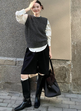 韩系通勤简约黑色西装短裤女秋季新款高腰百搭显瘦直筒阔腿五分裤