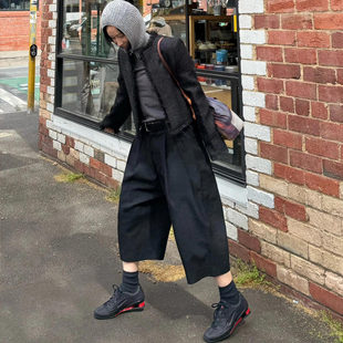 日系复古西装黑色七分裤女秋冬款街头中性风松弛高级感廓形阔腿裤