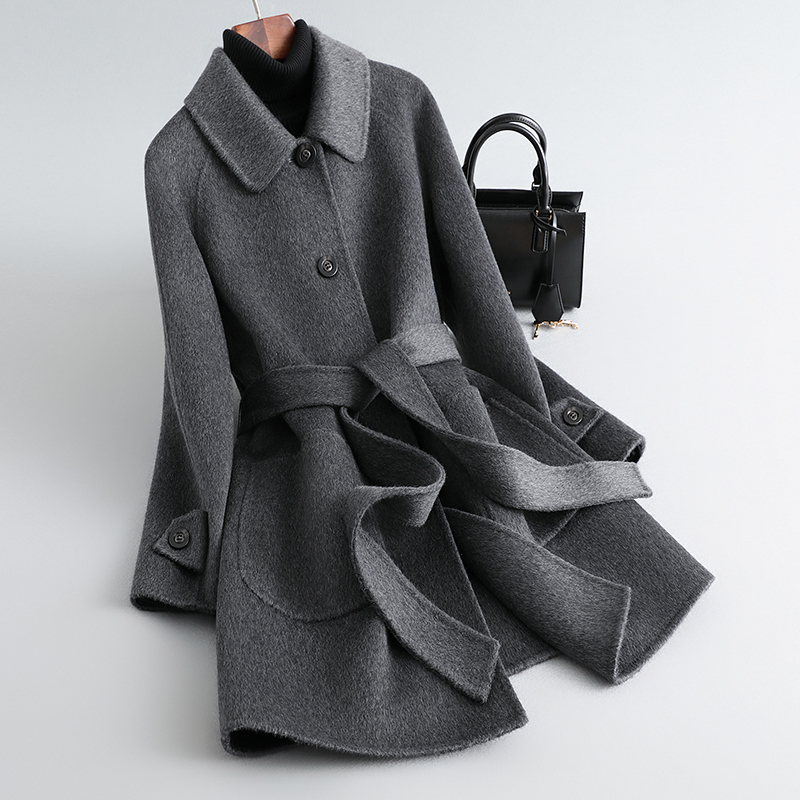 深灰修身系带双面呢子外套