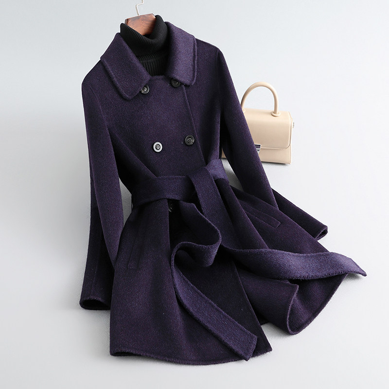 修身系带羊毛呢子大衣外套