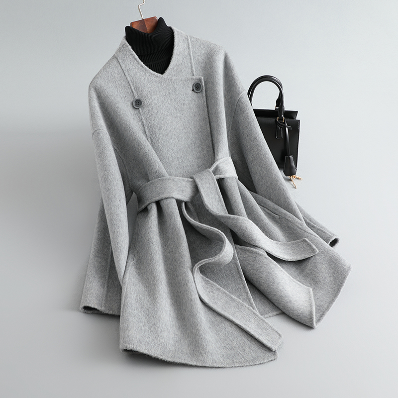 灰色系带高端双面羊绒大衣