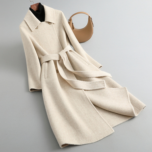 高端米白双面羊绒大衣女中长款2025新款羊驼绒韩版系带羊毛呢外套
