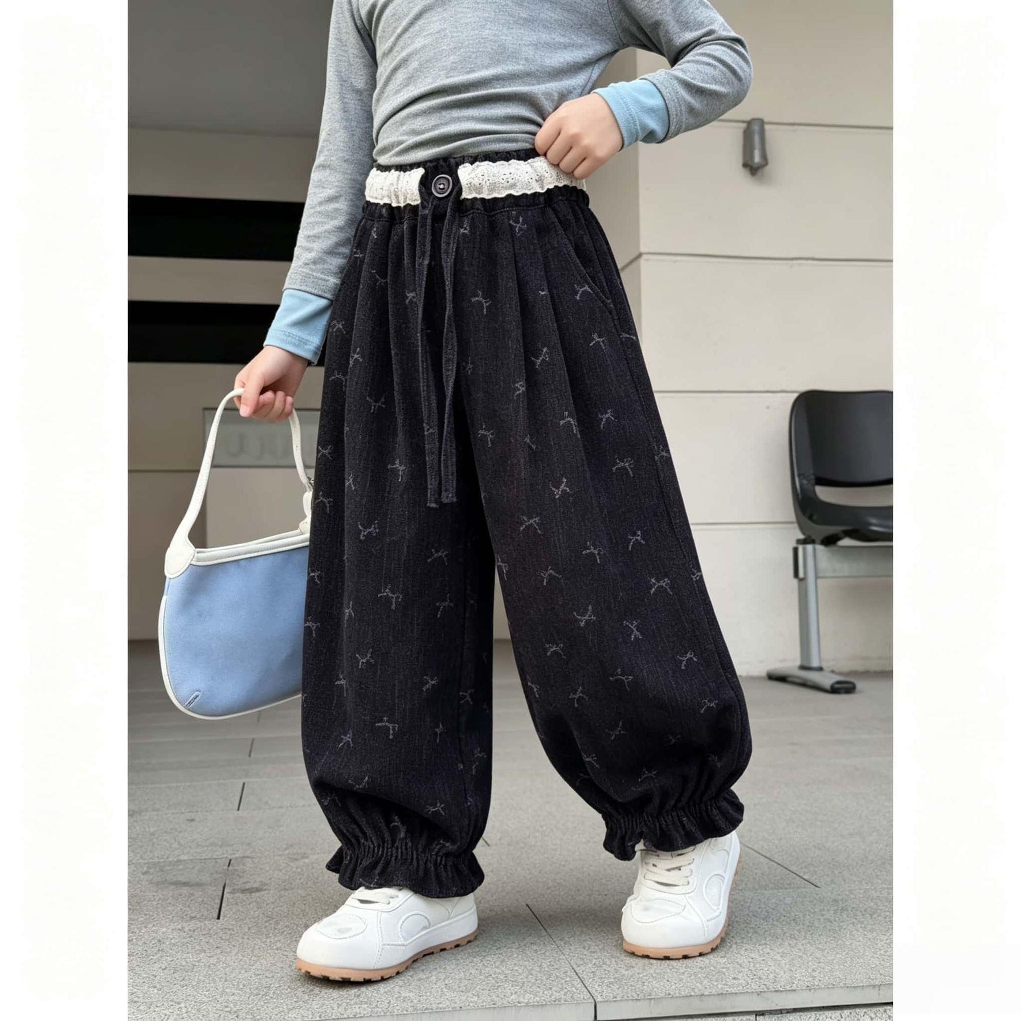 女童暗纹蝴蝶结牛仔裤韩系蕾丝腰束脚灯笼裤中大童休闲长裤