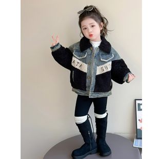 洋气儿童韩系穿搭女宝宝夹棉加厚冬装 女童牛仔外套秋冬季 2025新款