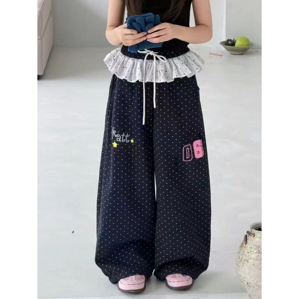 2026春秋新款宽松波点休闲裤女童春秋款花苞边松紧宽松长裤中大童