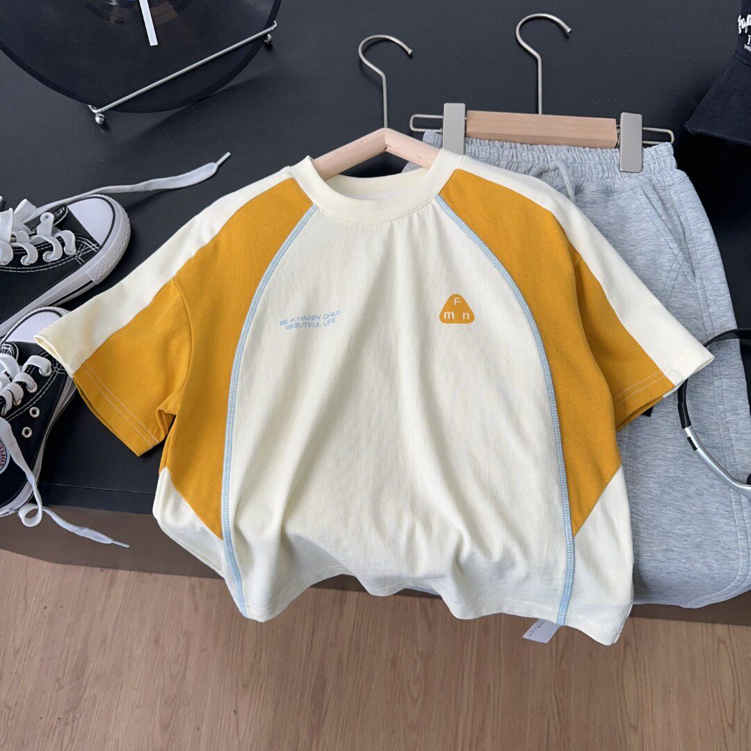 春季新款休闲风拼色短袖T恤男女童圆领撞色运动穿搭韩版上衣潮