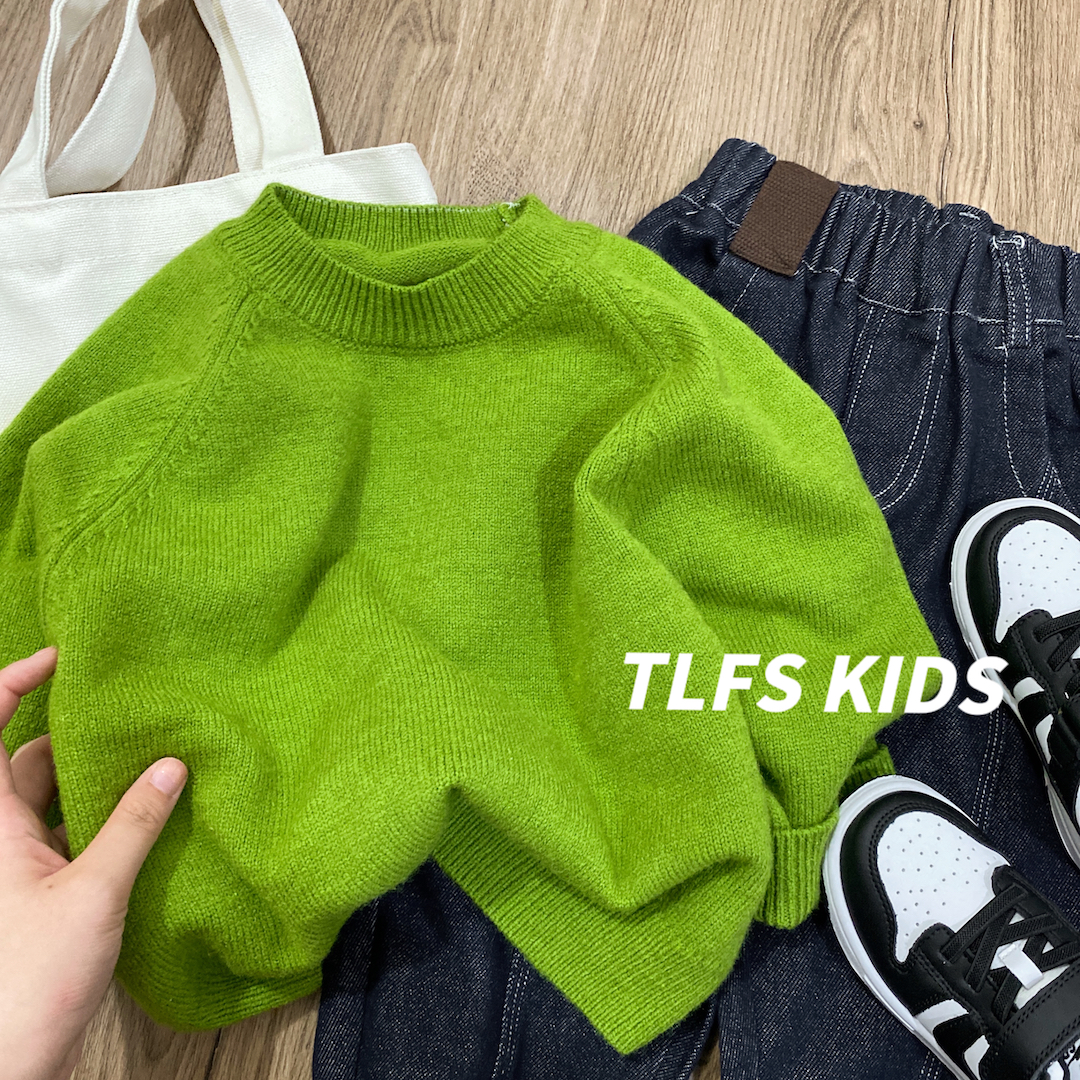 儿童2025秋季新款韩版纯绿色圆领针织衫男女童百搭休闲毛衣上衣潮