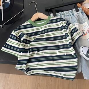 儿童绿领条纹休闲短袖 男女童透气亲肤休闲中童圆领上衣潮 T恤夏季