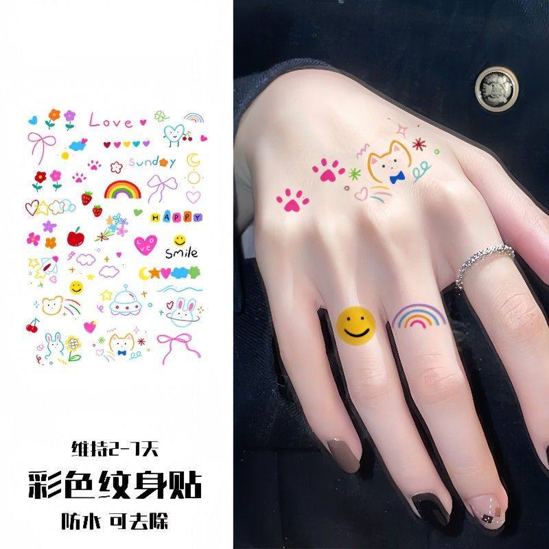 彩虹蝴蝶结小图手指纹身贴防水高级感ins贴纸高颜值可爱贴纸