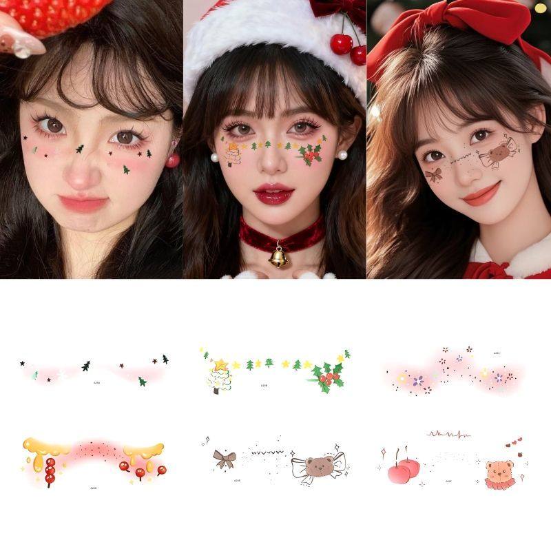 圣诞节小熊圣诞树纹身贴防水防汗节日氛围感脸颊可爱妆容彩色贴纸