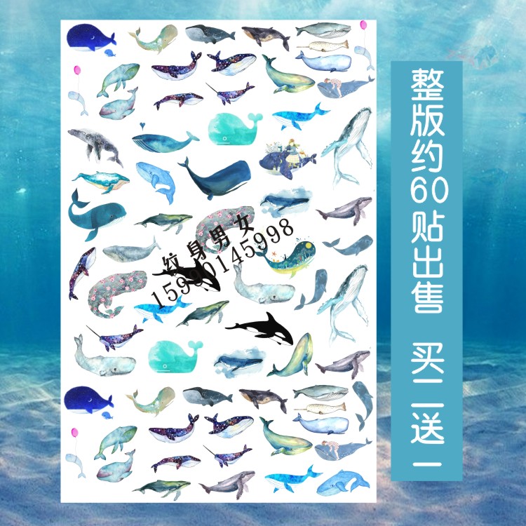 纹身贴防水男女韩国持久小清新水彩可爱鲸鱼纹身贴 彩色手绘刺青
