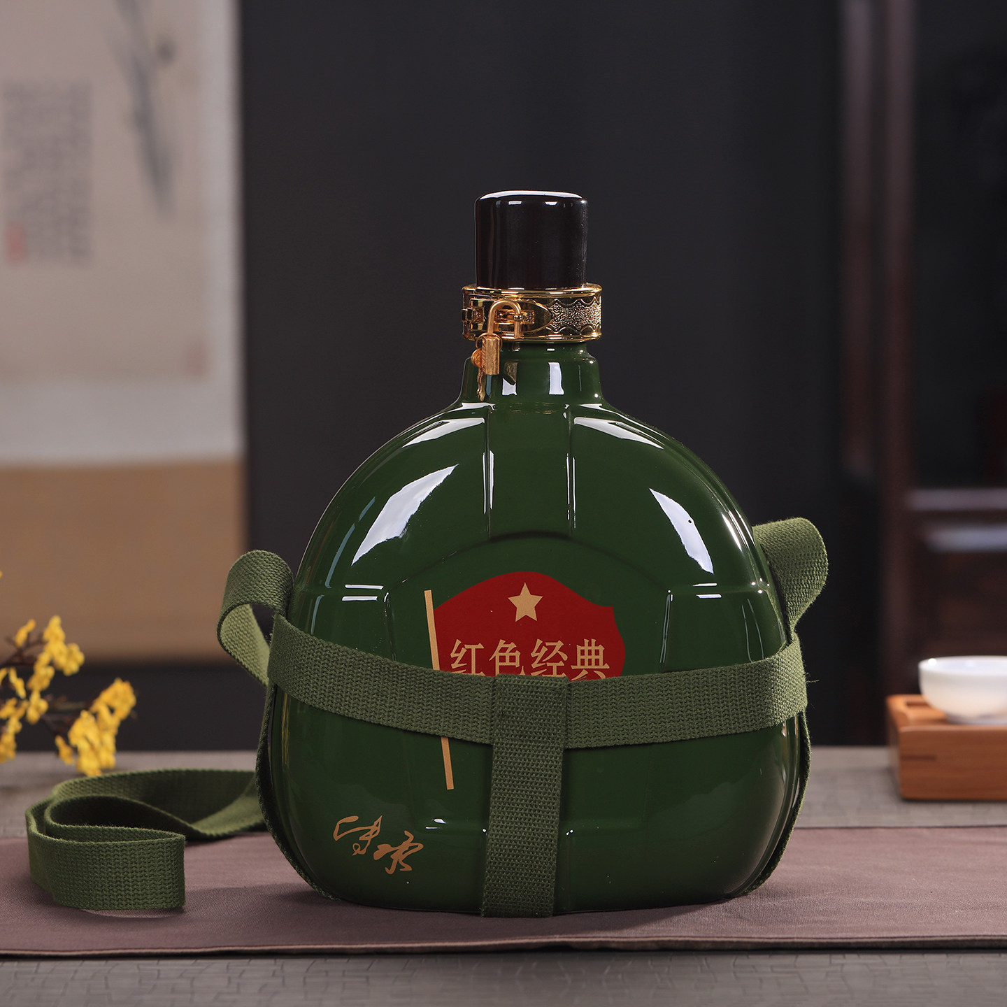 景德镇陶瓷酒瓶5斤装军绿色特色家用酒水壶带盖密封散酒坛子定制