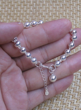 小圆珠纯银手链女999足银手链银珠子手链圆形珠珠手链银饰品铃铛