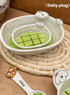 悦檬食器绿色泰迪动漫可爱沙拉碗饭碗盘子漂亮的餐具高颜值盘碟子