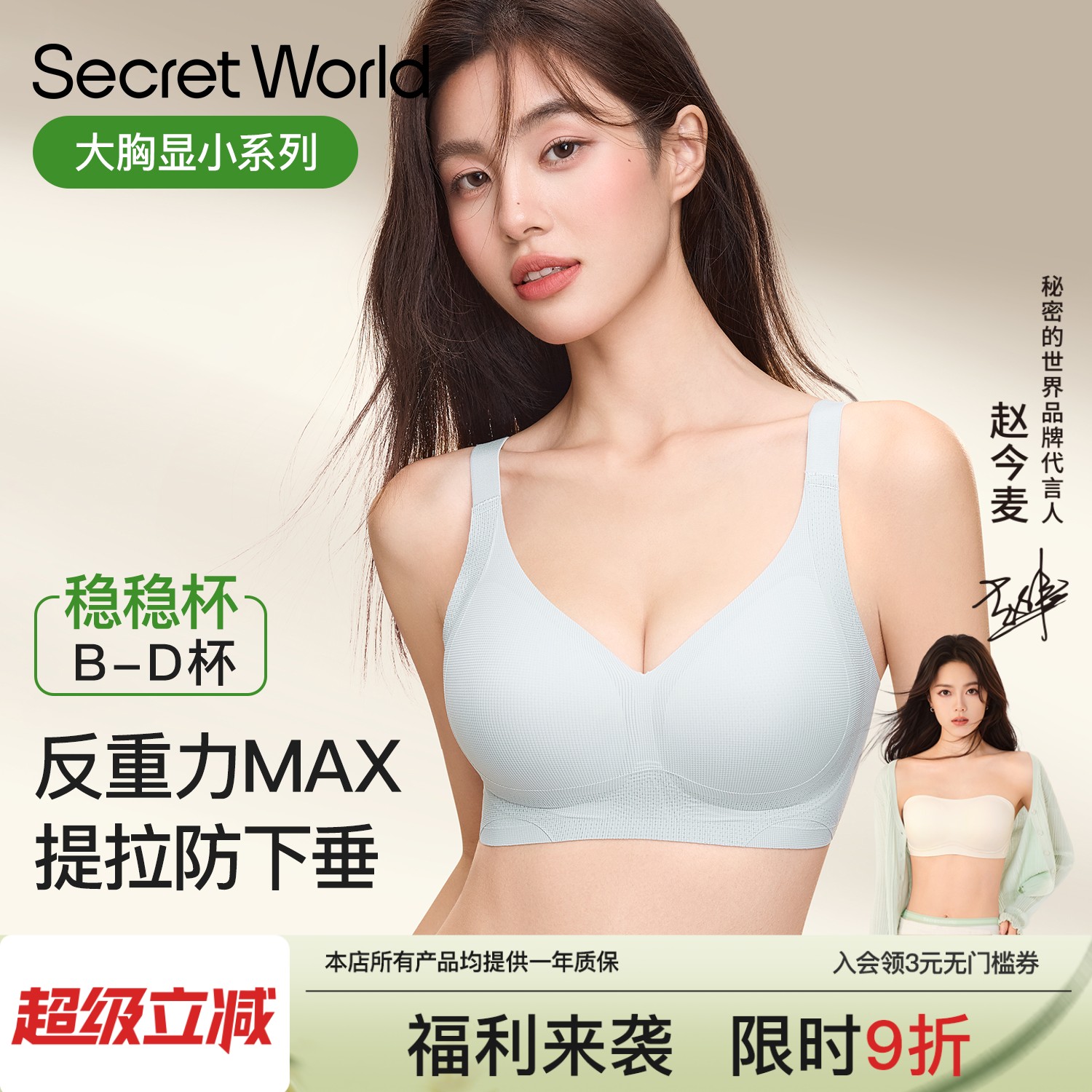 SecretWorld大胸显小内衣女夏季薄款提拉防下垂收副乳无痕内衣罩