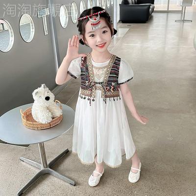 新品女小童连衣裙夏装少数民族风短袖公主裙傣族风套装新款表演汉