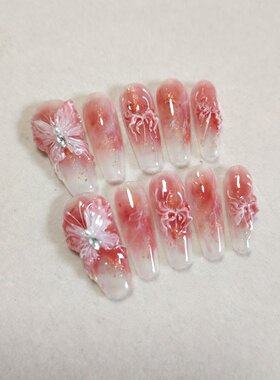 小贞设计蝴蝶冰封穿戴甲高端美甲春节红喜气中长款纯手工定制A53