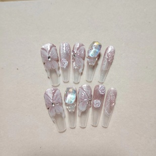 绝美冰封玫瑰花手捏蝴蝶穿戴甲纯手工冰透粉色手绘高级锆石中定制