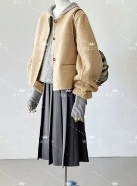 圆领小个子短款双面羊绒大衣女2025新款秋冬奶黄色高级感羊毛外套