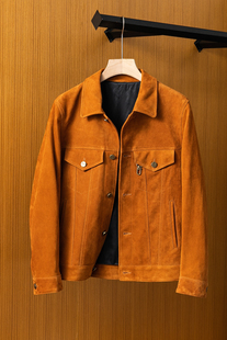 奢 高端意大利琎口绵羊皮反绒皮面真皮翻领皮衣夹克外套男 男士