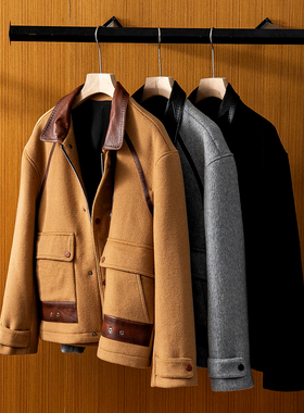 B*rl*ti 2W+澳毛+小羊皮！冬季毛呢外套男翻领复古休闲羊毛大衣