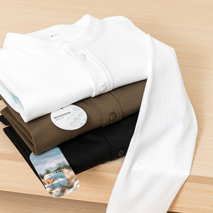 硬朗不羁！ 海岛棉 春秋男士亨利领纯色长袖T恤 纯色复古打底衫男