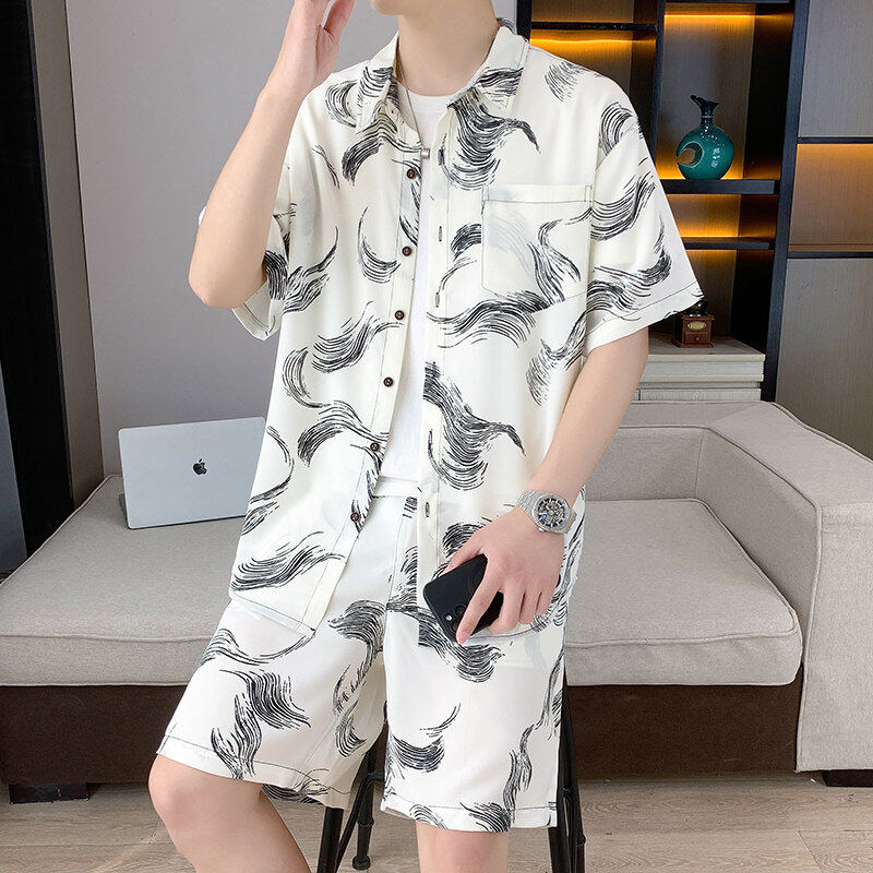 2025新款时尚休闲青少年简约美式男套装夏装套装短袖冰丝衬衫