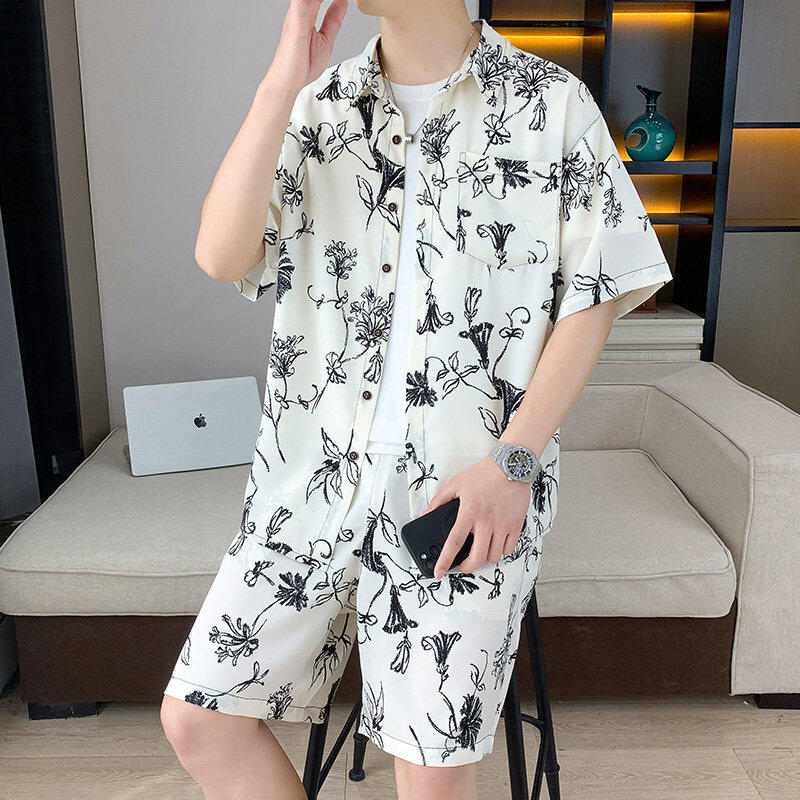 2025新款时尚休闲青少年简约美式男套装夏装套装短袖冰丝衬衫