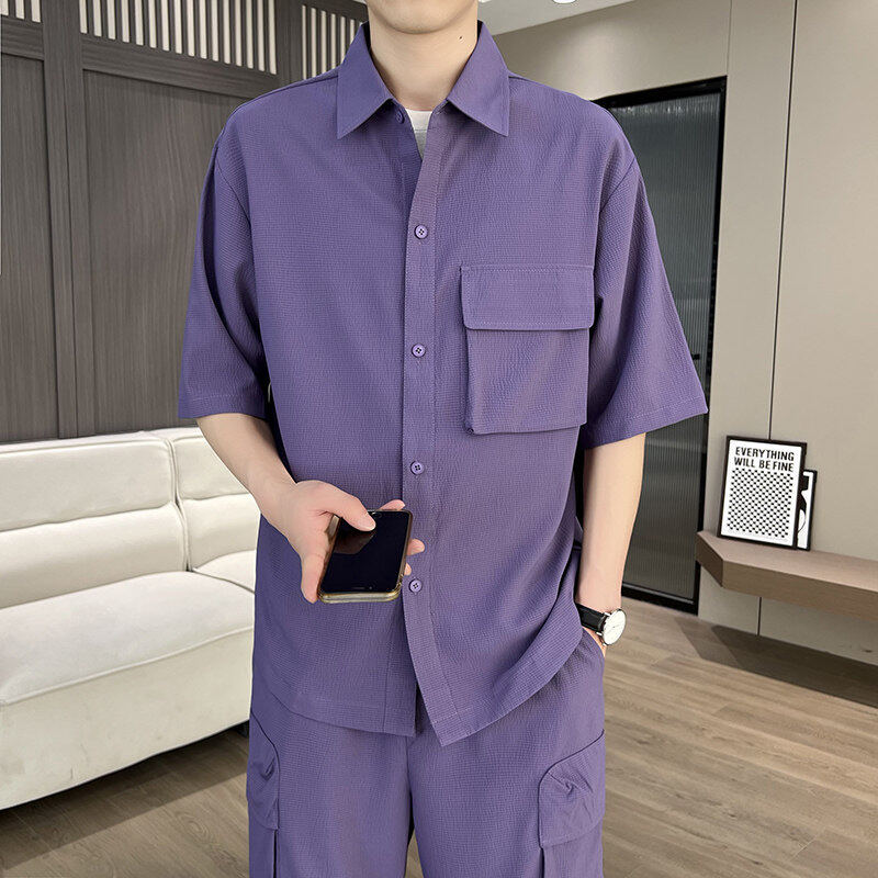 港风冰丝薄款套装男新款阔版夏季宽松短袖衬衫休闲青年潮流两件套