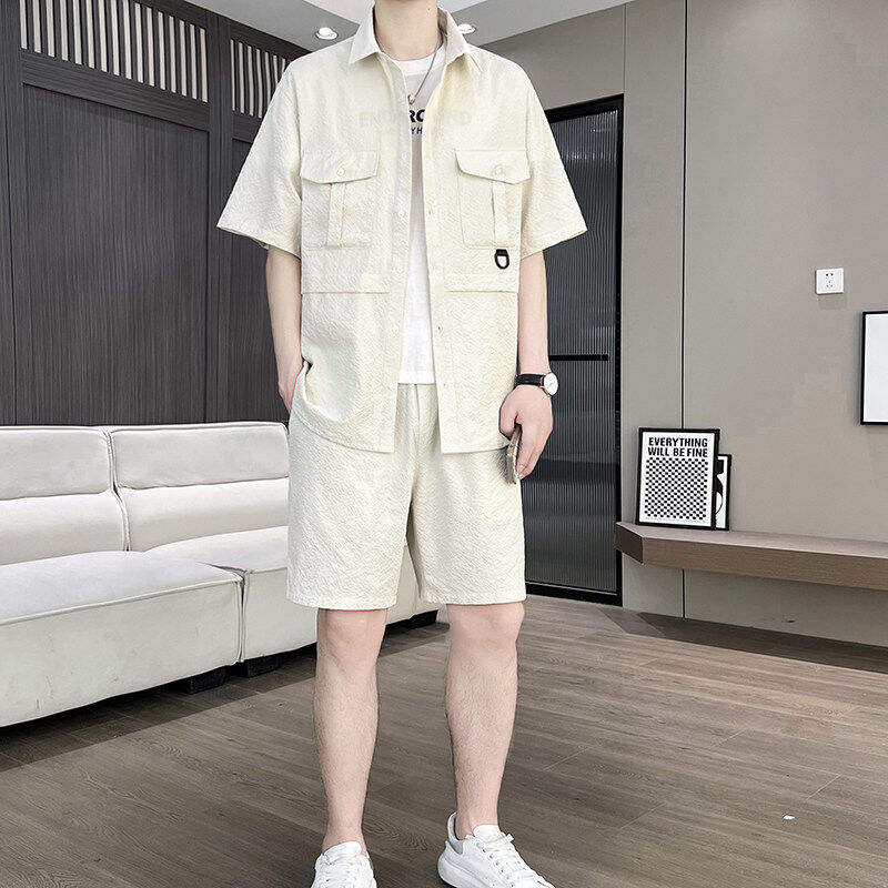 港风冰丝薄款套装男新款阔版夏季宽松短袖衬衫休闲青年潮流两件套