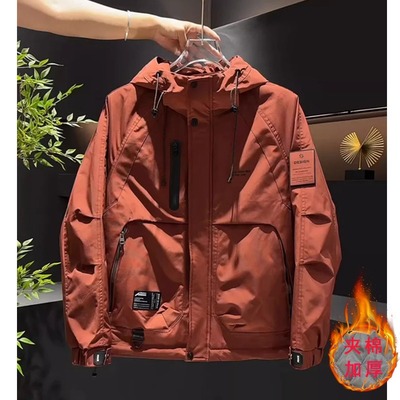 工装连帽二棉外套男款2025冬季新款加棉加厚防风棉服冲锋衣男潮牌