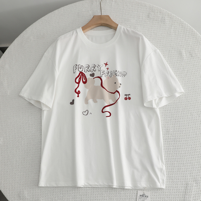 诗家~2026夏季新款休闲百搭圆领卡通狗狗印花落肩短袖休闲慵懒T恤