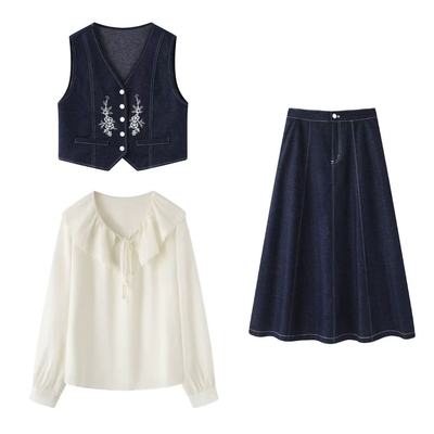 影系~气质藏青刺绣马甲背心显瘦半身裙木耳边衬衫女2025秋季新款