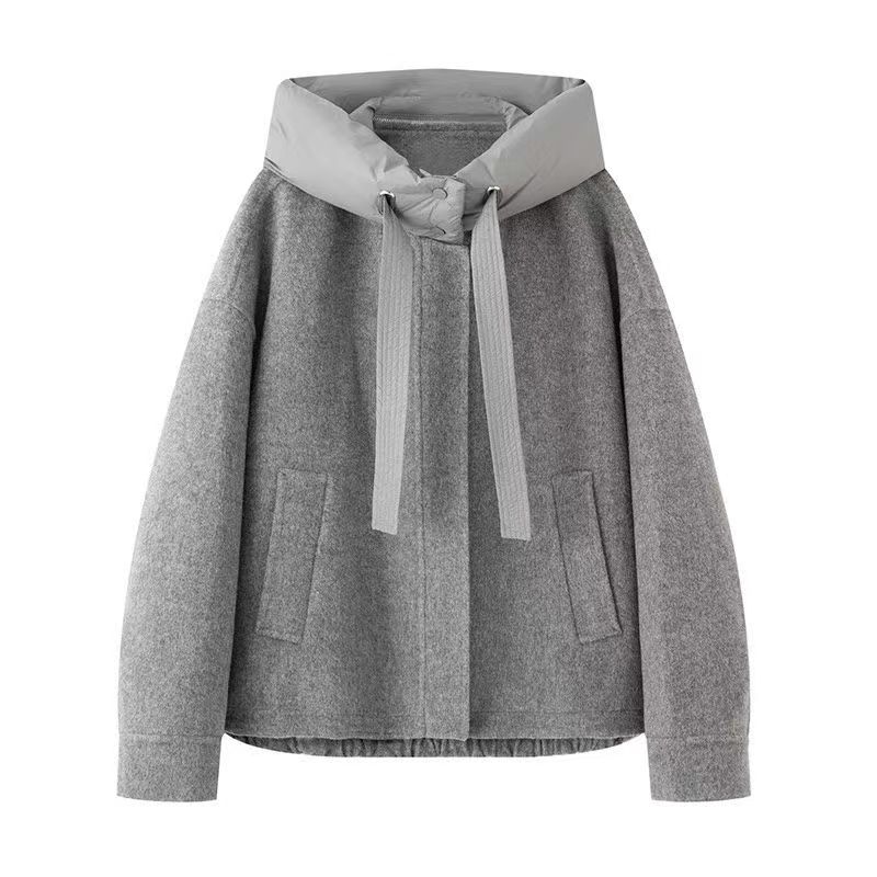 艾系~2025秋季新款时尚百搭通勤撞色连帽抽绳羊毛双面呢短外套女
