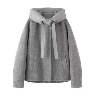 时尚 新款 百搭通勤撞色连帽抽绳羊毛双面呢短外套女 2025秋季 艾系