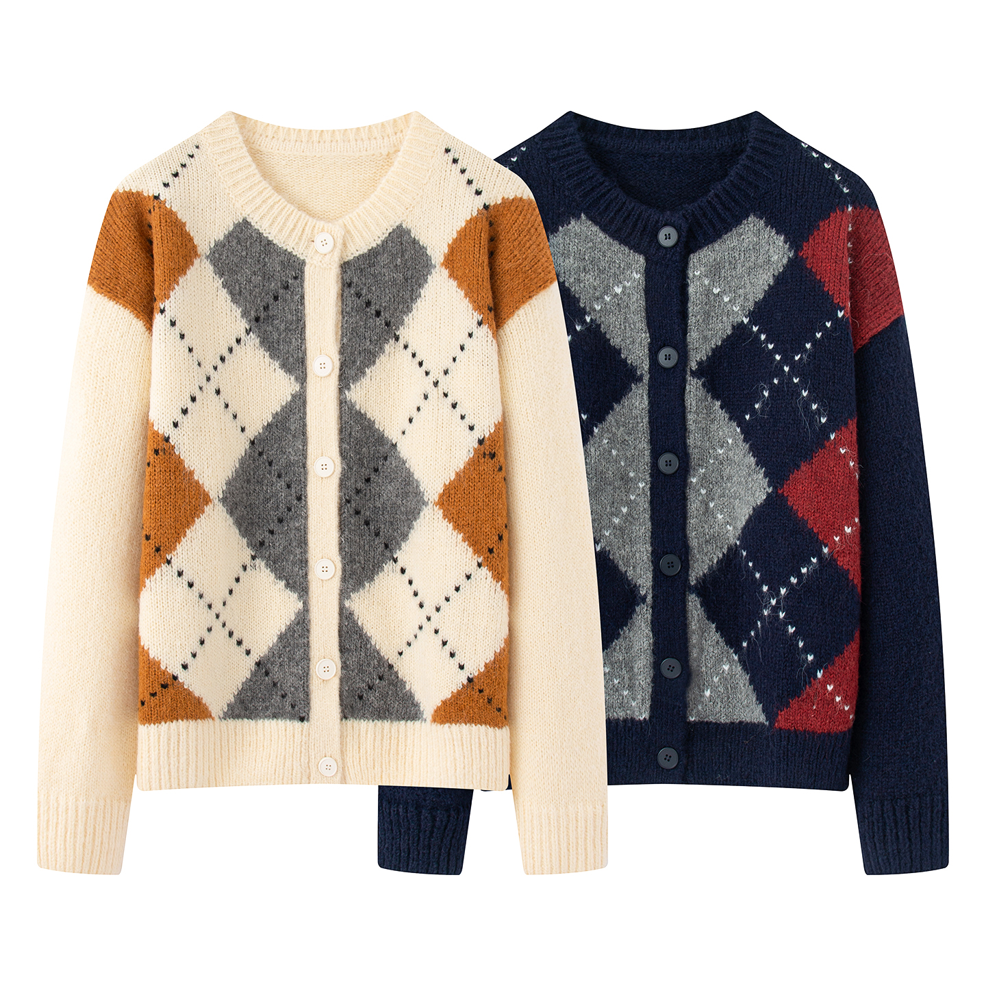 伊家~复古百搭圆领菱格针织开衫女2025秋季新款明星同款韩系毛衣