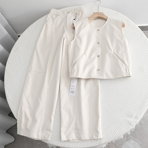 鸟家~时尚百搭圆领无袖马甲外套高腰显瘦休闲裤套装2025春装新款