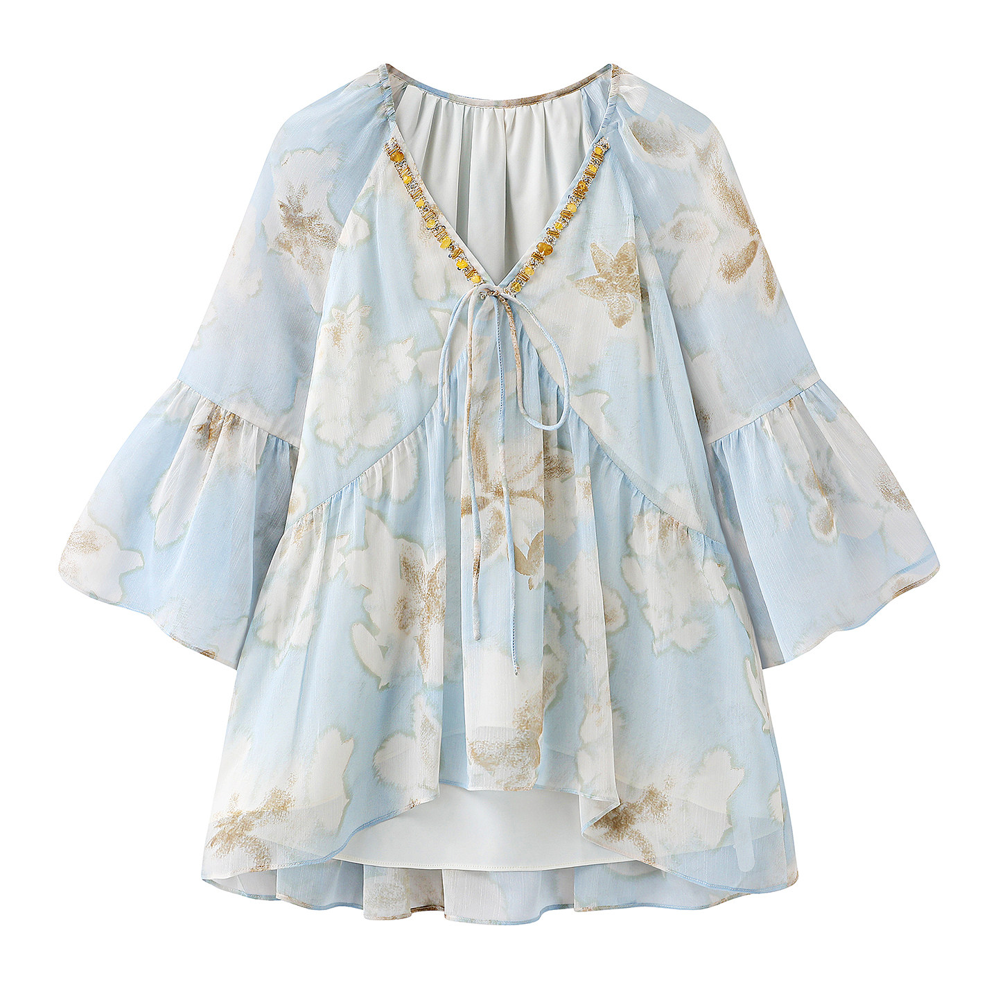 袖系~甜美碎花娃娃衫2026春夏新款波西米亚荷叶边七分袖V领雪纺衫