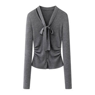 单排扣收腰V领飘带针织衫 艾系 法式 新款 女轻奢小个子毛衣 2026春季