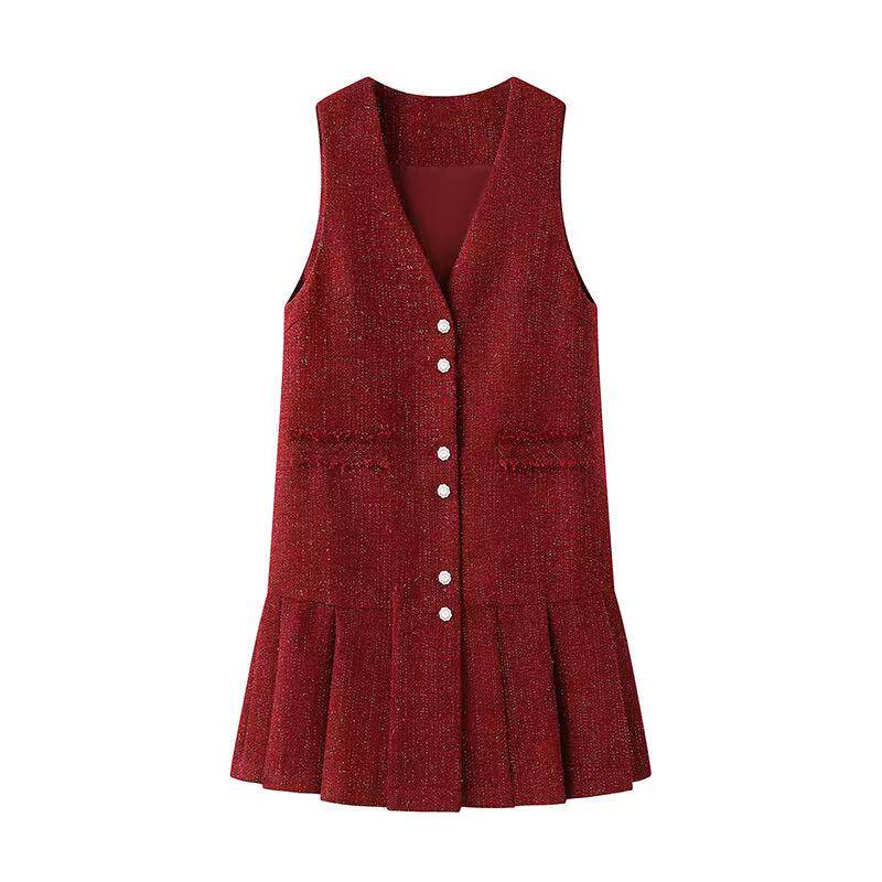 小香风无袖V领红色背心马甲连衣裙女2025秋冬新款圣诞新年红裙子