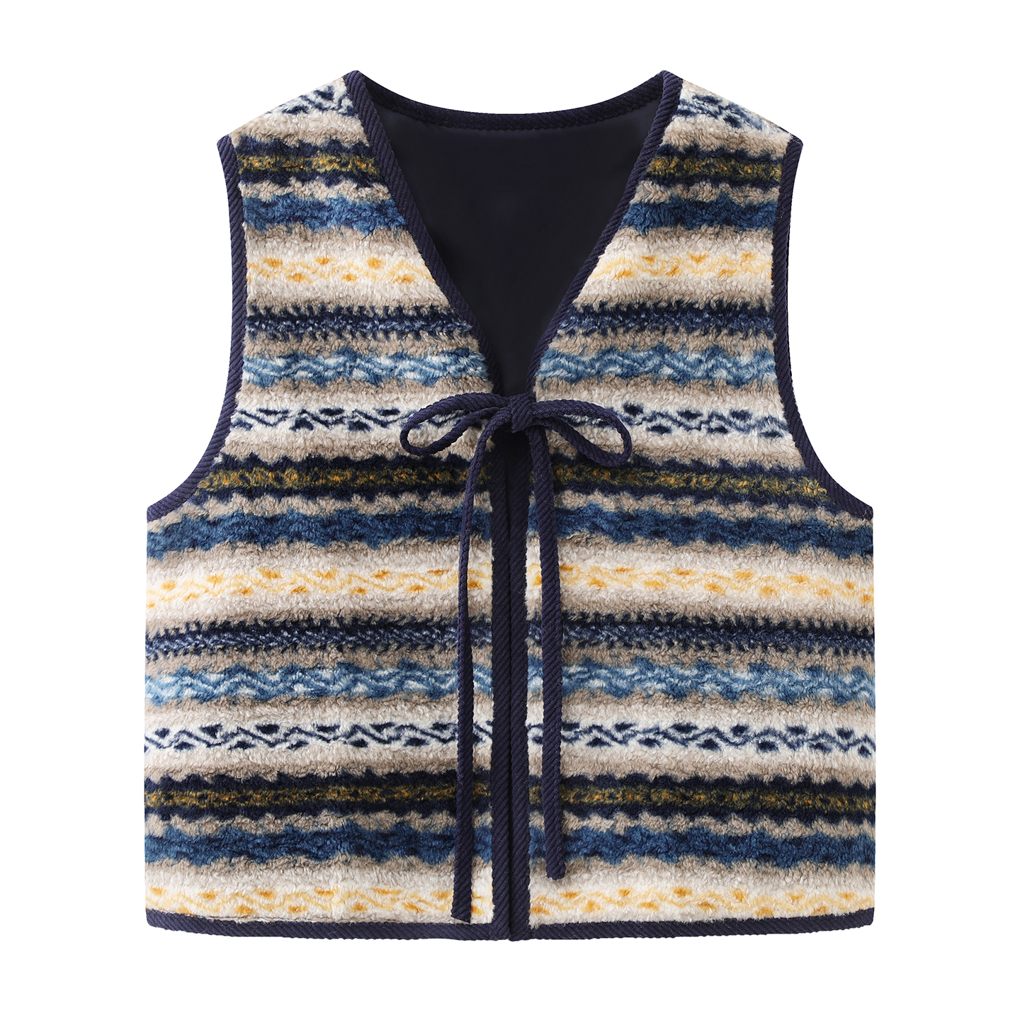 复古撞色花纹絨感蝴蝶结绑带可叠穿马甲女2025冬季新款费尔岛上衣