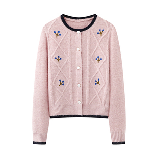 影系~时尚洋气百搭刺绣圆领针织开衫女2025秋季新款粉色绞花外套